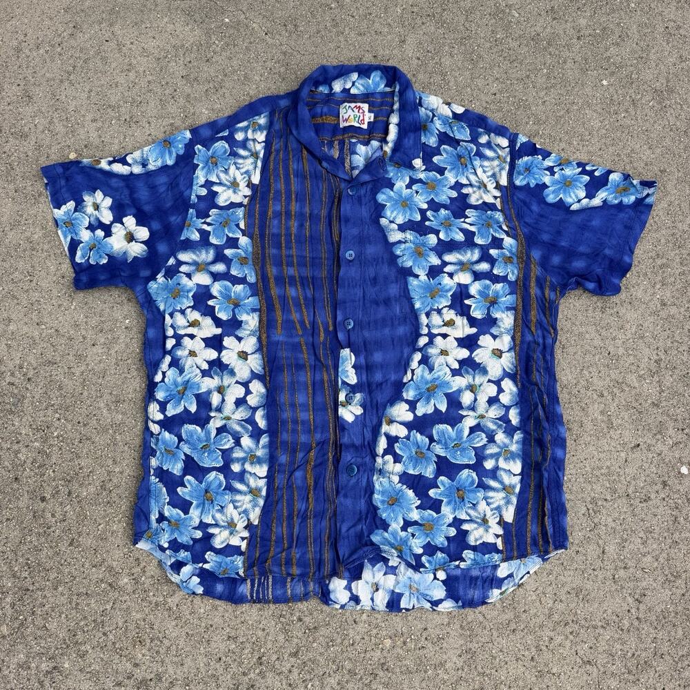 Vintage Jams World Blue Floral Rayon Hawaiian Shirt XL Aloha